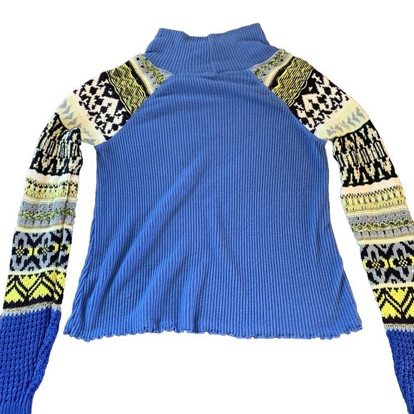 Free People Blue Bell Combo Sweater Women’s XS Ribbed Blue Fair Isle Mock Neck - Picture 5 of 14
